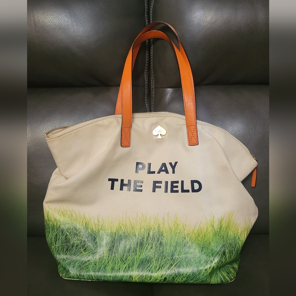 Kate Spade Tan and Green Tote with Orange Handles
